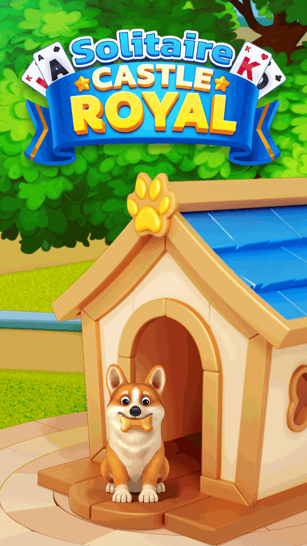 Solitaire Castle Royal art: the royal corgi sitting in his dog house beneath the game logo